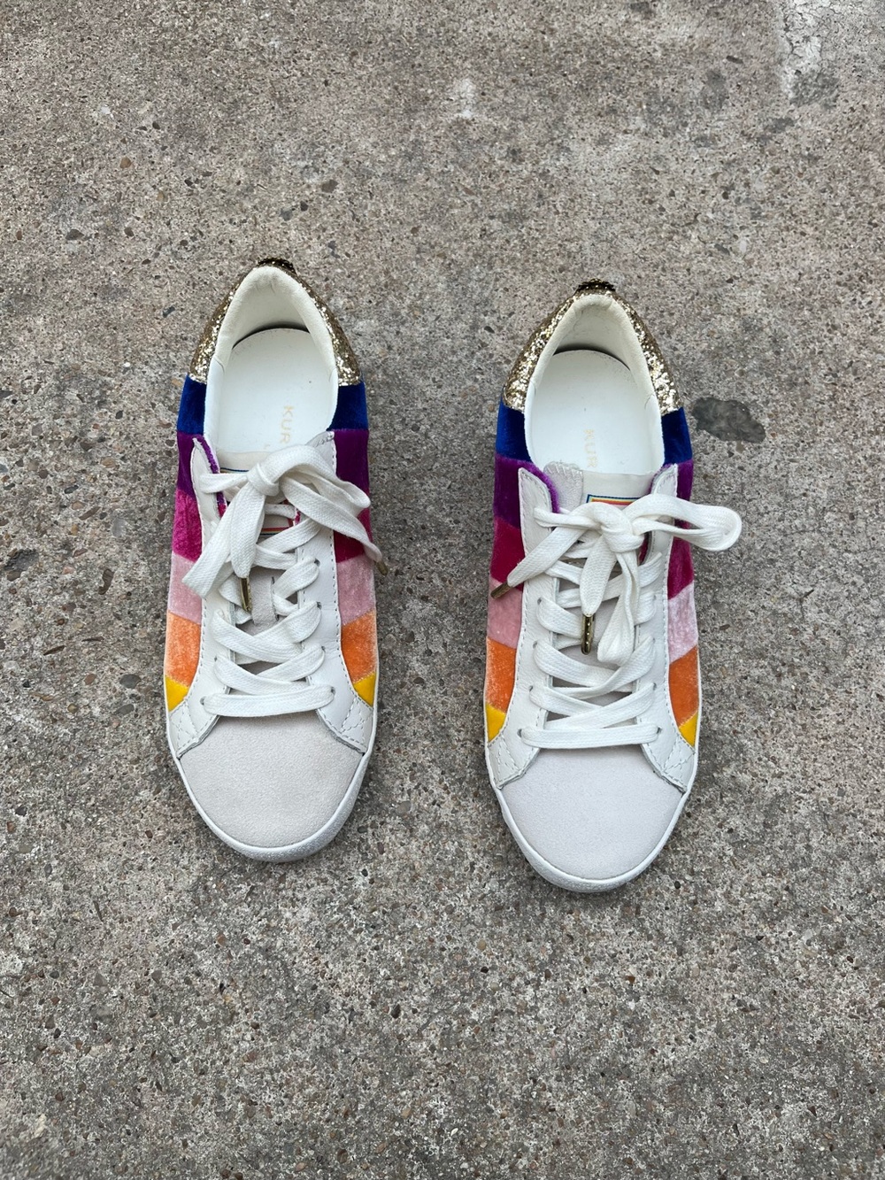 Kurt Geiger White Sneakers with Rainbow Suede Panels and Gold Heel